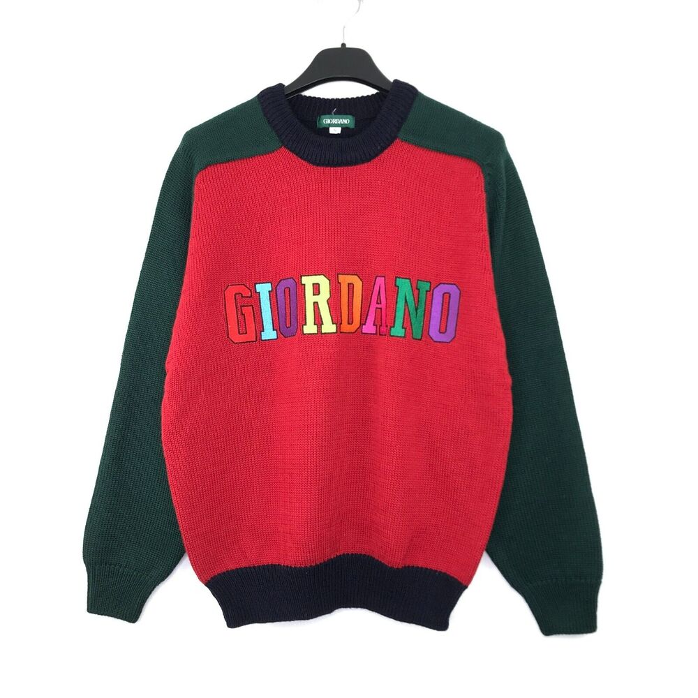 Giordano Small Sweater Red Green Colorblock Embroidered Logo Wool Knit Spellout